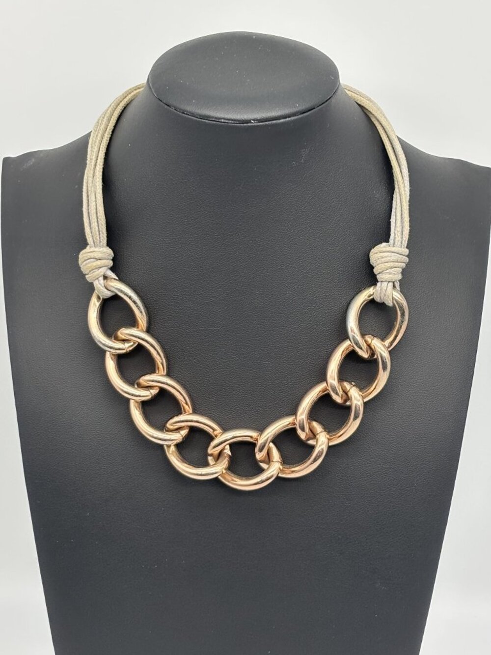 St. Thomas Necklace Chunky Large Rose Gold-Tone Curb Links Gray Cord, Adjustable